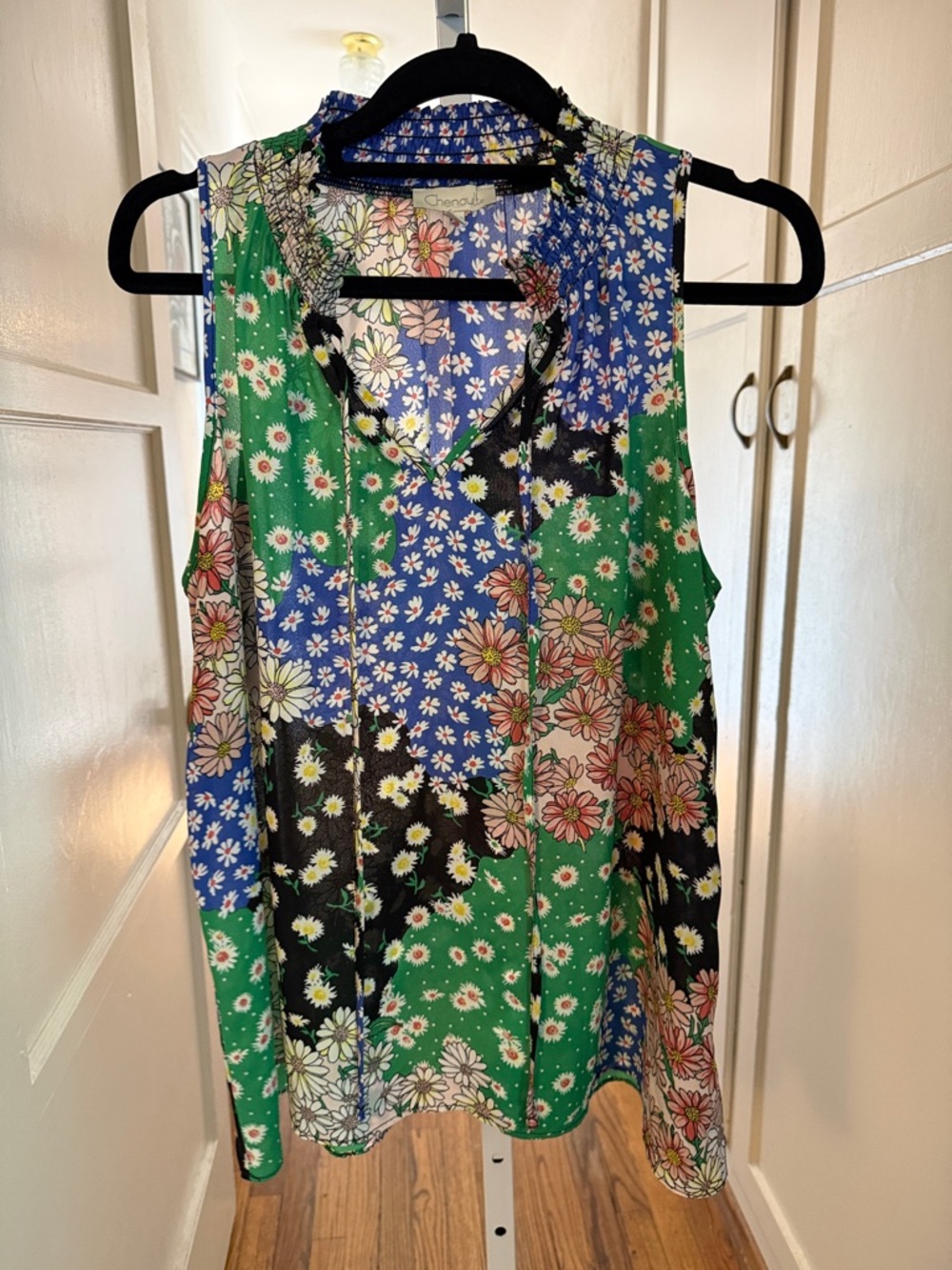 Chenault Green, Blue & Black Floral Patchwork Sleeveless Top